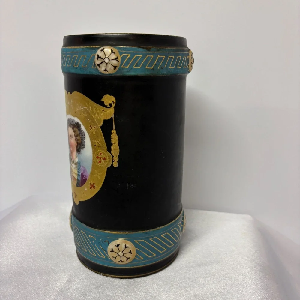 Antique‎ Old Paris Porcelain Portrait Vase Black Gold Trim Decorative